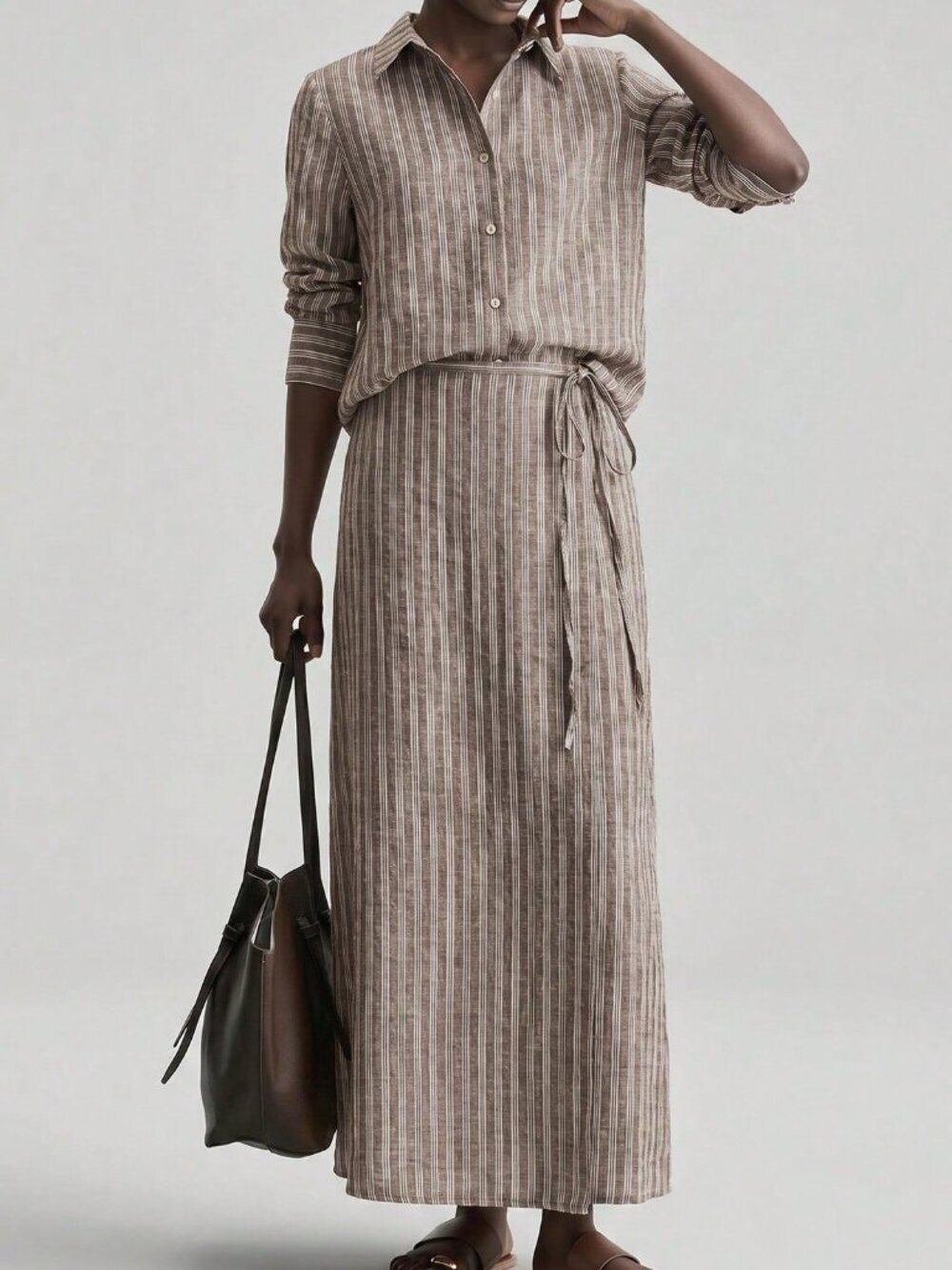 Coffee Brown Casual Women's Sleeve Shirt & Asymmetric Wrap Skirt 2-Piece Set